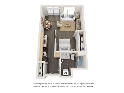 Floor plan for studio, 1 bath, 596 sqft